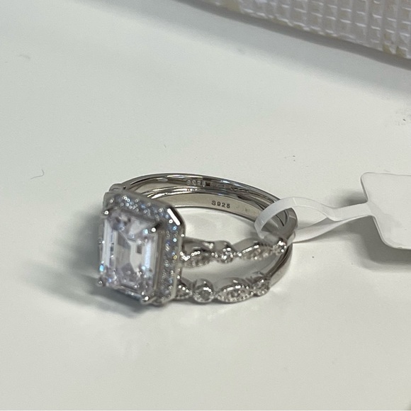 Emerald Cut Engagement Ring Set, Bridal Set, Sterling Silver with Sparkling CZ - Picture 8 of 10
